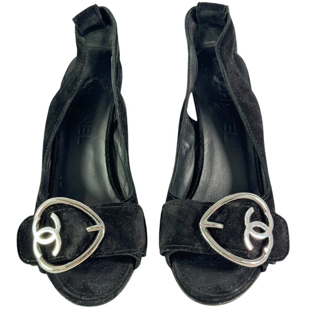 CHANEL Black Suede Heart CC Women's Peep Toe Wedge Sandals Italy 37 - 7US